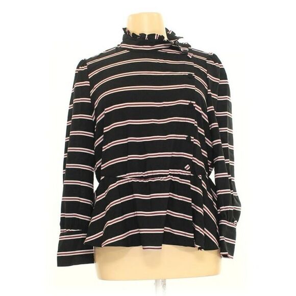Who what wear black stripe Mock neck peplum asymmetrical button career blouse M - Picture 1 of 16